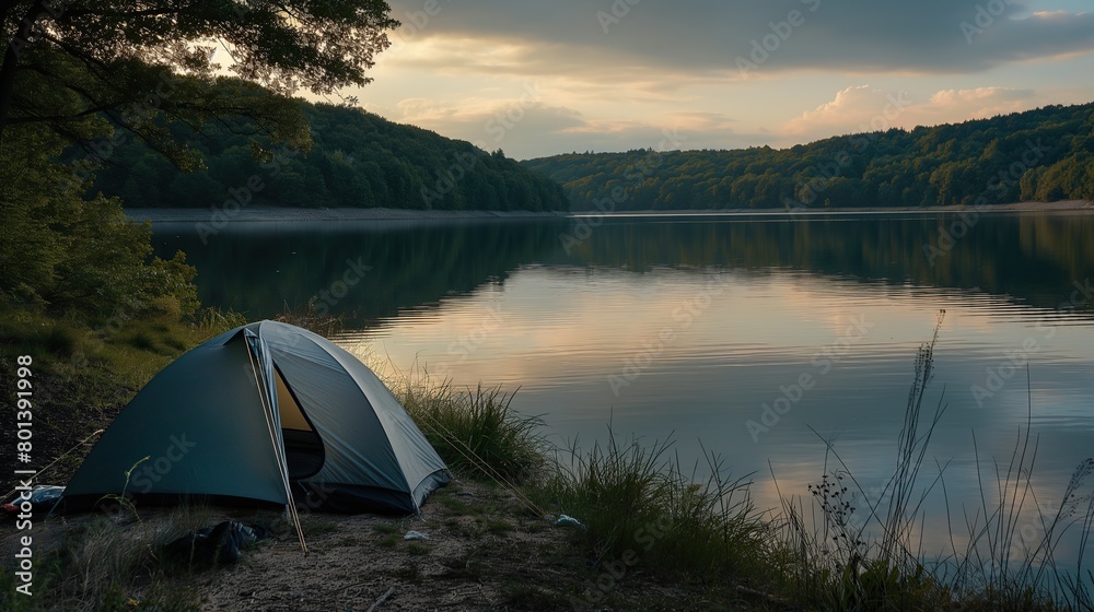 Tent by the lake in a beautiful landscape, evening time. Camping scene with tent on beautiful mountains and lake. 
Golden sunrise illuminating tent camping dramatic mountain landscape.