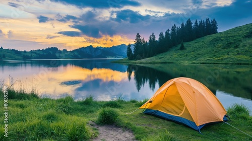 Tent by the lake in a beautiful landscape, evening time. Camping scene with tent on beautiful mountains and lake. Golden sunrise illuminating tent camping dramatic mountain landscape.