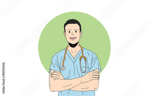 male nurse in work clothes standing and smiling with a stethoscope over his shoulder