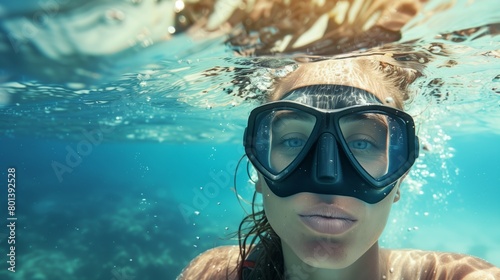 Close-up of a woman wearing a diving mask, half submerged in clear blue water.