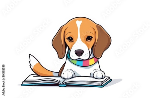 Funny beagle puppy reading a book on a white background