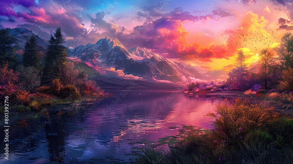a sunset over a lake in the mountains. The sky is a gradient of purple, pink, and yellow, and the sun is setting behind the mountains. 