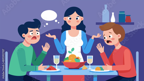 A family having a heated argument at the dinner table as their monthly dining out expenses have caused a significant strain on their budget.