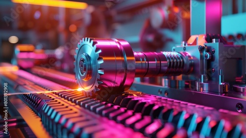 Colorful Lighting Illuminates a D Rendered Gear Chamfering Machine in Action