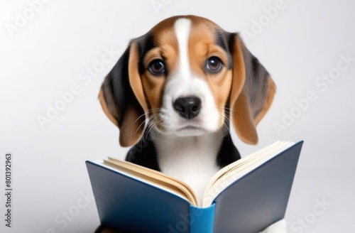 Funny beagle puppy reading a book on a white background