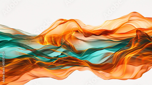 A realistic photo-quality image depicting tidal waves in burnt orange and teal, swirling dramatically against a white background.