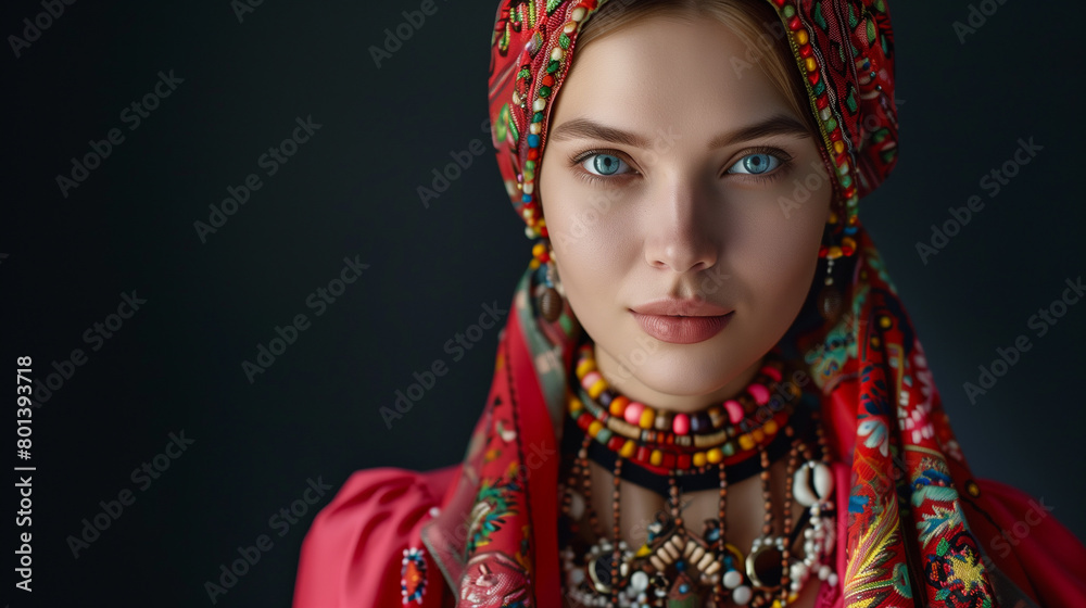 A captivating image of a beautiful woman adorned in traditional Ukrainian attire and jewelry, featuring a red embroidered headscarf and colorful beads around her neck. Her confident gaze directly enga