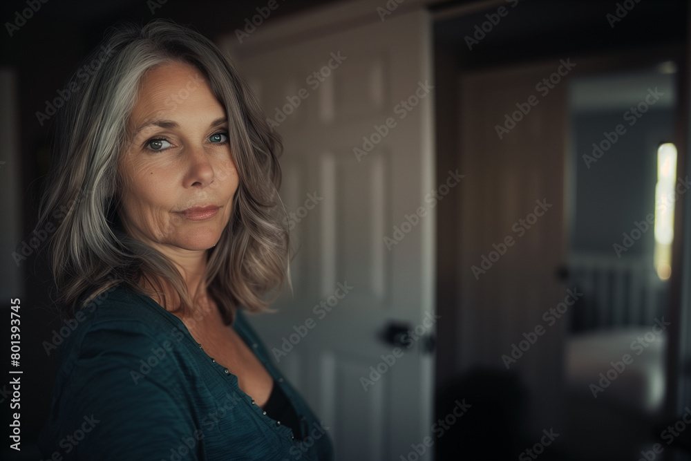A striking photograph capturing a beautiful woman in her fifties, with shoulder-length hair streaked with gray, confidently standing in front of the camera, making eye contact. A striking photograph capturing a beautiful woman in her fifties, with shoulder-length hair streaked with gray, confidently standing in front of the camera, making eye contact.