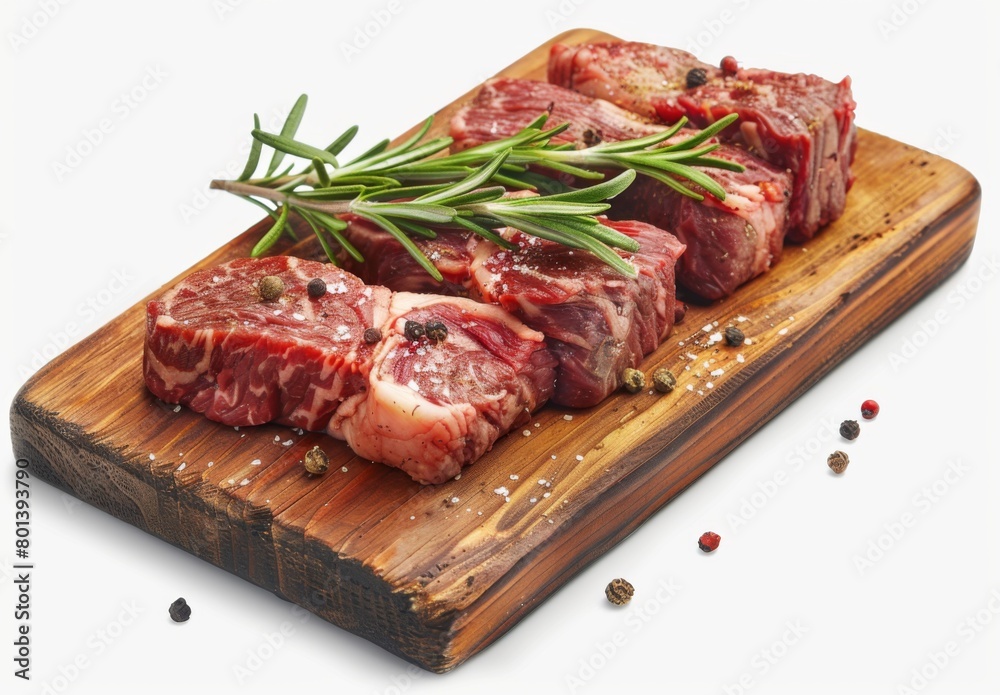 meat on wooden board, meat steak with rosemary and pepper, transparent background, png file white background, PNG format, 