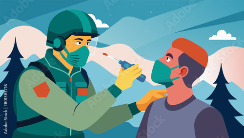 An emergency responder on a futuristic battlefield administered a nasal spray containing ketamine to a soldier suffering from severe PTSD providing.