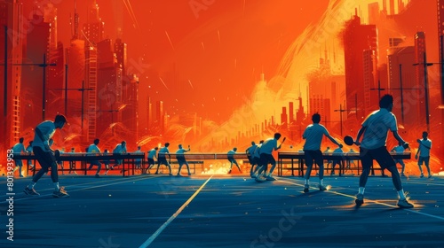 Modern vector illustration of a dynamic ping-pong match, with players engaged in intense gameplay. Clean lines and bold colors convey the excitement of the sport.