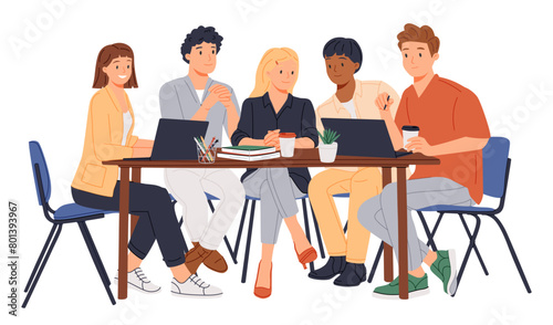 Business Meeting. Vector cartoon illustration in a flat style of group of diverse people leading a discussion