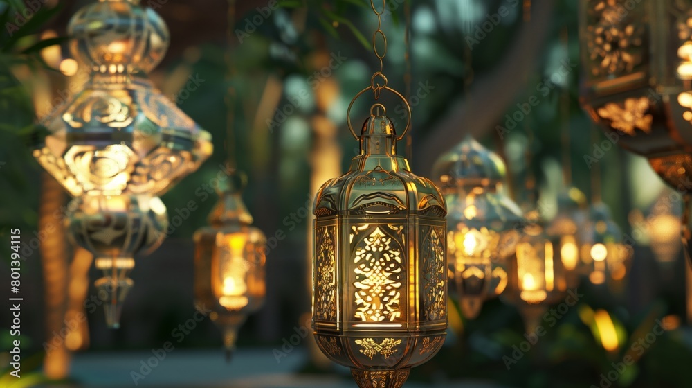 A magical scene with multiple ornate lanterns glowing warmly among lush green foliage. A magical scene with multiple ornate lanterns glowing warmly among lush green foliage.
