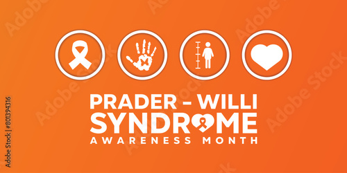 Prader willi Syndrome Awareness Month. Ribbon, hand and more. Great for cards, banners, posters, social media and more. Orange background.