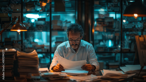 Focused Businessman Analyzing Documents Late at Night in Office