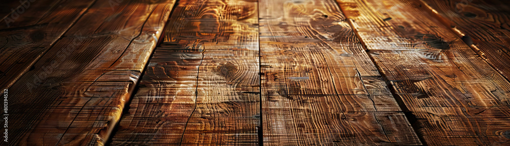 Fototapeta premium Rustic Wooden Tabletop: Close-Up of Textured and Weathered Wooden Tabletop with Natural Grain