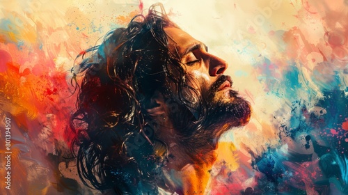 Quick depiction of Jesus Christ in worship, set against a dynamic watercolor backdrop. The background features a mix of colors, offering versatility for design purposes.