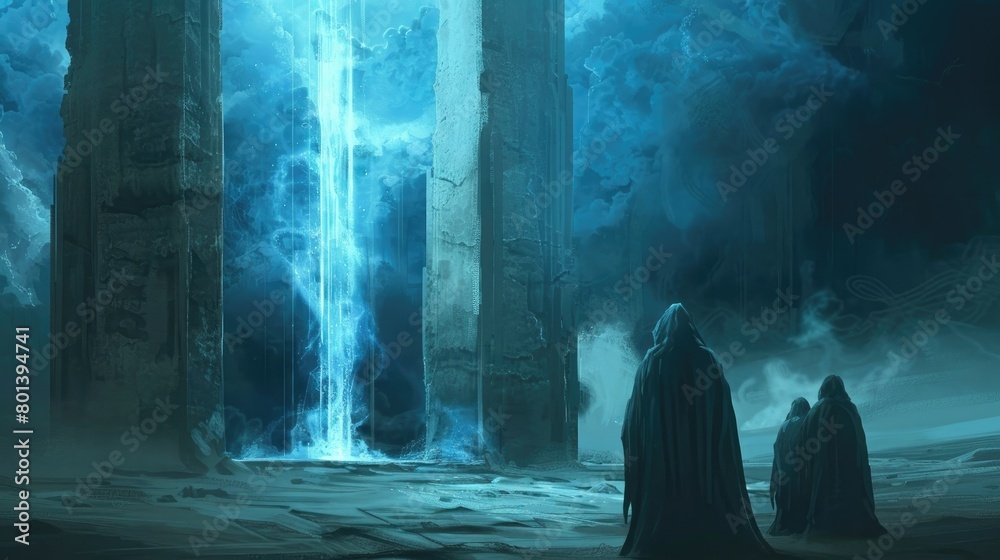 Mysterious Cloaked Figures Gaze in Awe at Enormous Blue Pillar, Lost in Wonder and Intrigue at the Spectacle Before Them