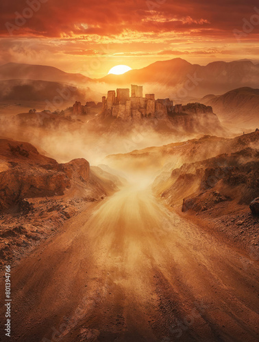Dirt desert road leading to a ancient city civilization. Vibrant sunset sky. Fictional middle eastern biblical city castle ruins. Arid dry landscape with mountains. Cities such as Jerusalem, Bethlehem photo
