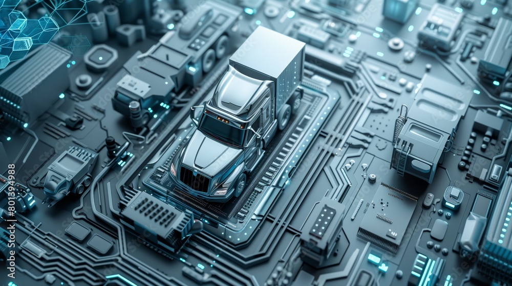 Futuristic depiction of a semi-truck on a circuit board, showcasing smart transportation. Futuristic depiction of a semi-truck on a circuit board, showcasing smart transportation.