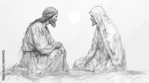 Resurrection of Jesus: Jesus appears to Mary Magdalene. Life of Jesus. Continuous thin line drawing. illustration.  photo