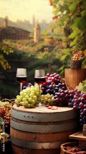 Two glasses of red wine on a wooden barrel with a bountiful harvest of grapes