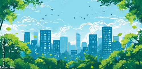 revelations of abstract city landscape vector illustration with green buildings and trees on blue sky background flat design for banner, poster or web site header 