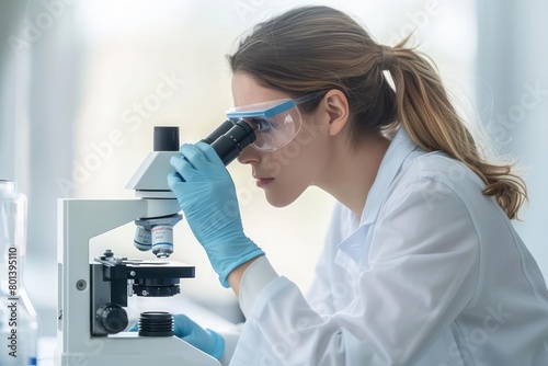 Scientist examining hormone structures under a microscope, endocrinology research