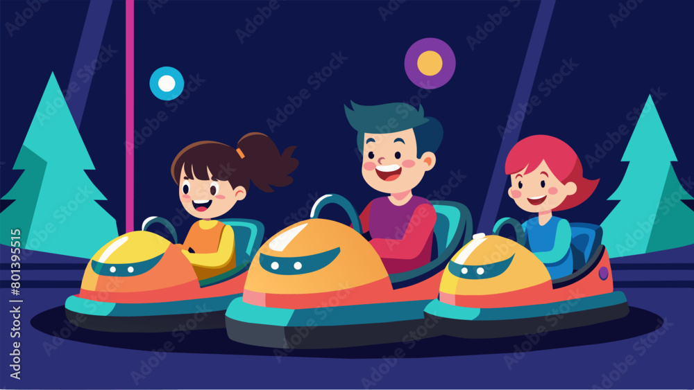 Parents and children race each other on the bumper cars the neon lights on the cars reflecting off their excited faces.. Vector illustration Parents and children race each other on the bumper cars the neon lights on the cars reflecting off their excited faces.. Vector illustration