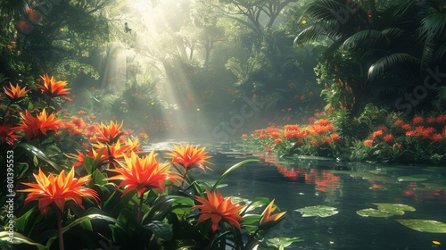 Strelitzia flowers add a burst of color to a lush  green landscape  evoking the beauty of paradise. 