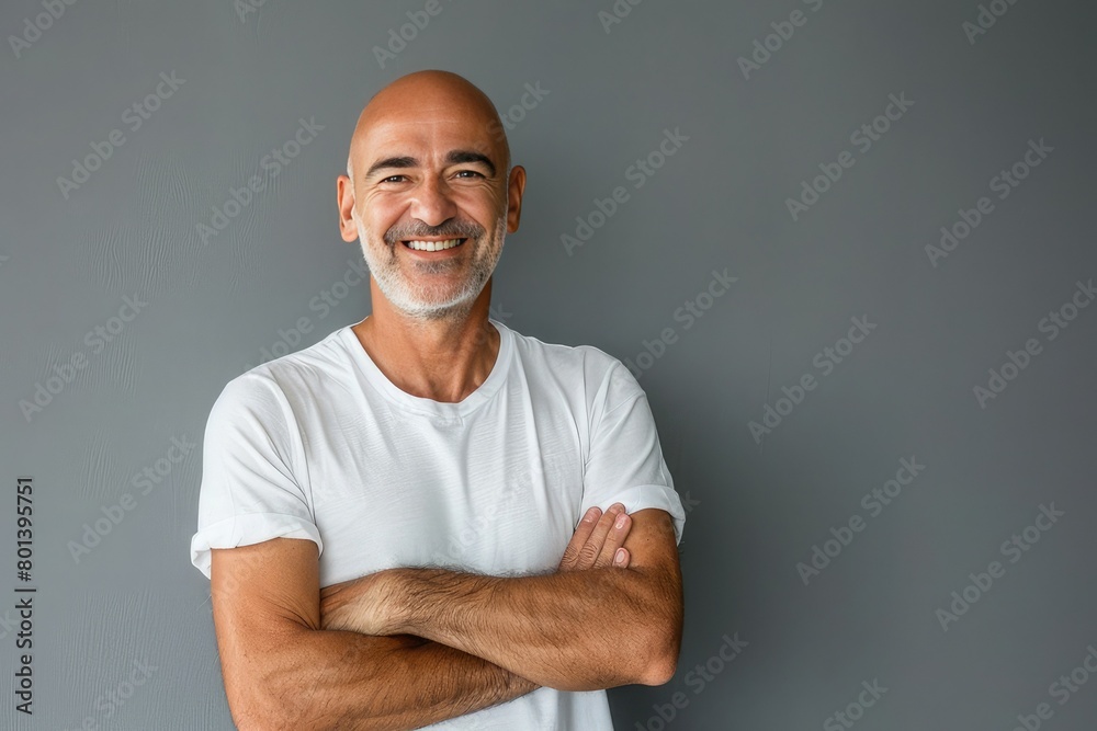 Minimal waist up portrait of mature bald man smiling at camera while standing confidently with arms crossed, copy space Minimal waist up portrait of mature bald man smiling at camera while standing confidently with arms crossed, copy space