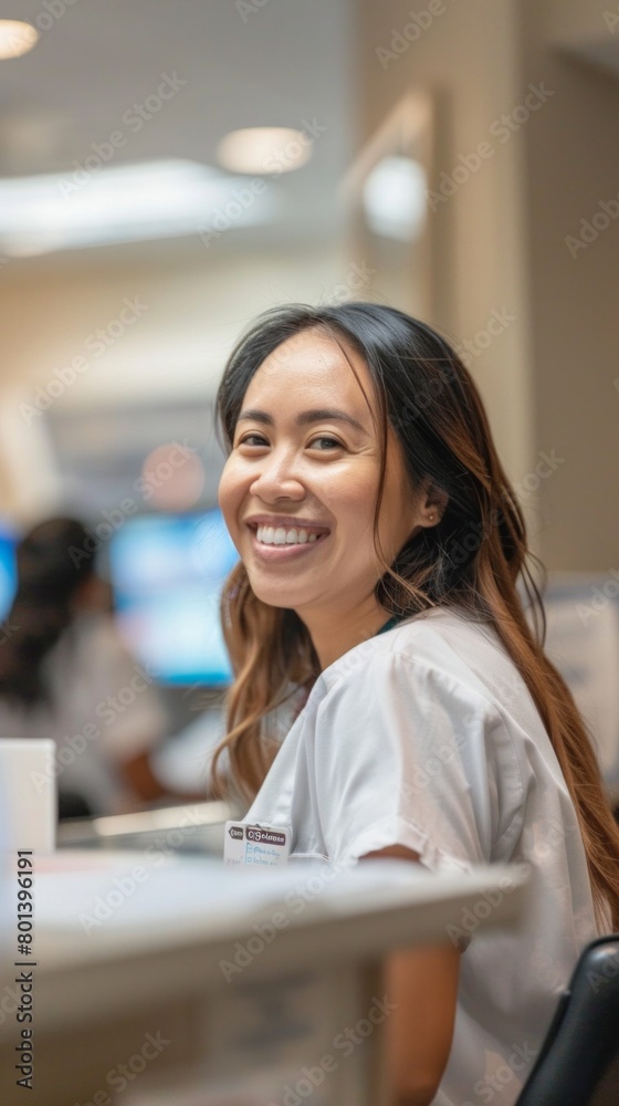 Receptionist nurse at countertop in municipal hospital