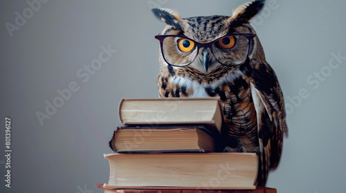 Wallpaper Mural An owl wearing glasses perched on top of a pile of books, looking studious and wise Torontodigital.ca