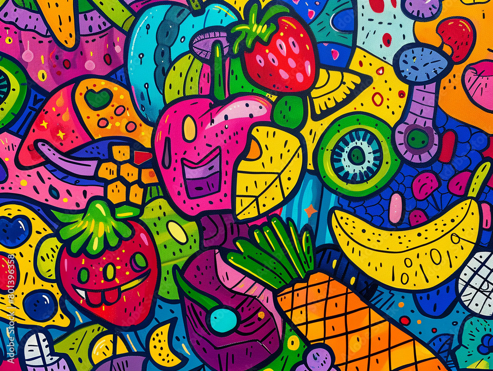 Playful and abstract doodle art featuring a mix of fruit and vegetable motifs, set against a dynamic background