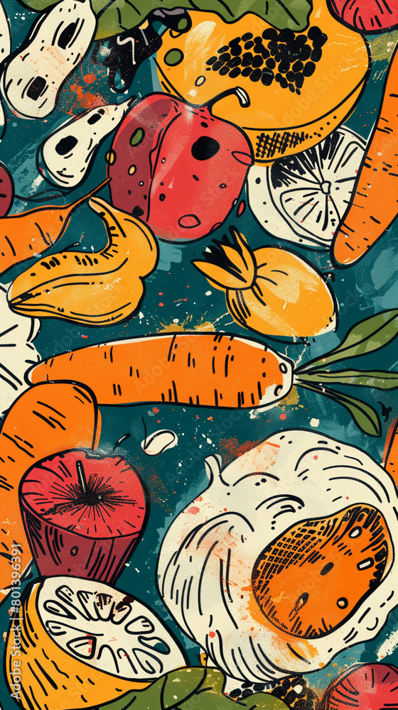 Seamless pattern of hand-drawn doodles featuring both fruits and vegetables, layered over an abstract background