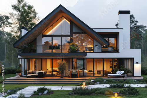 A two-story modern house with large windows, white walls and black frames on the first floor, glass doors leading to an open terrace surrounded by greenery. Created with Ai
