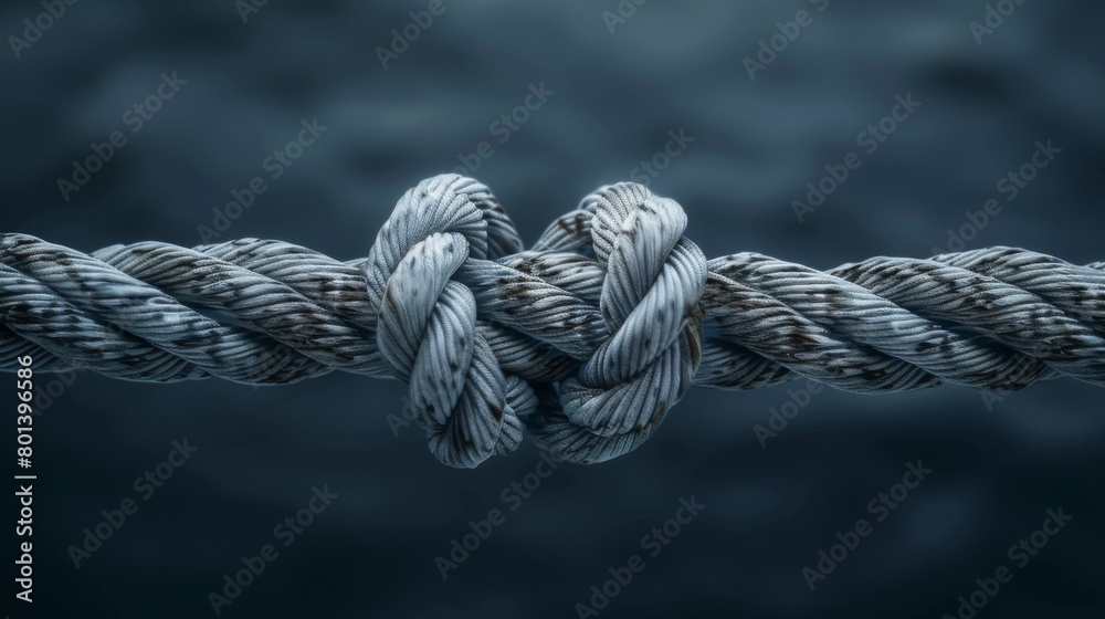 Two ropes intertwined with one large knot in the middle on a dark background, depicting the concept of strength and support for a business team or family through a connection of love. 