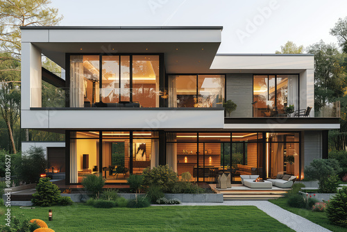 Modern two-story house with large windows, gray and white color scheme. Created with Ai
