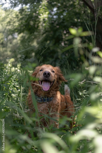 A dog is calmly sitting in the tall grass, surrounded by the greenery that extends up to its belly