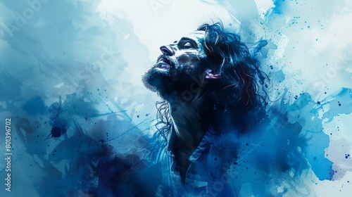 Vector illustration of Jesus Christ in worship against a vibrant blue watercolor background. Ample copy space provided for additional elements. photo