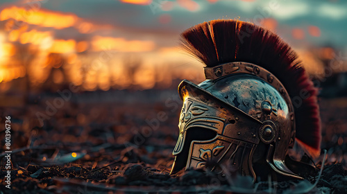 Close-up shot  gold roman helmet on an earth soil ground with a sunset background and slightly orange sky. Isolated  clear simple visual  bokeh  golden hour