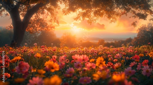 Vintage autumn landscape comes to life as the morning sun kisses the meadow flowers  their radiant colors painting a picture of natural splendor and magic. 
