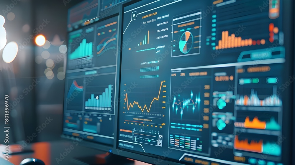 Close up view of a monitor showing an analytics dashboard. Close up view of a monitor showing an analytics dashboard.