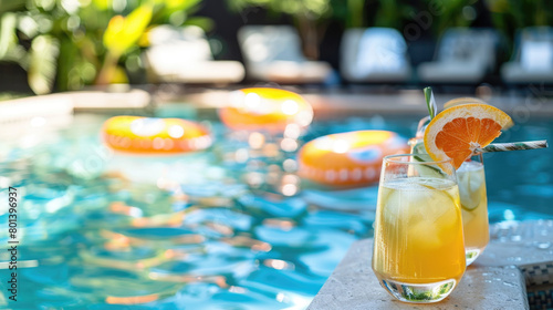 A glass of orange juice sits on a table next to a sparkling swimming pool under the bright sun