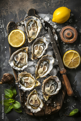 Elegant Presentation of Fresh Oysters Served with Lemon: Authentic Shellfish Cuisine