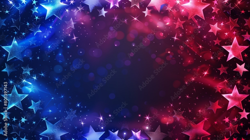 Vibrant celestial-themed background featuring radiant stars in shades of blue and red with sparkling effects.