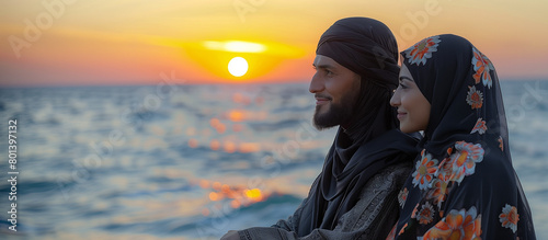 Golden Hour Grace: Close-Up of Muslim Couple's Radiant Love at Sunset ,generated by IA