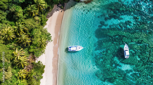 Two boats are peacefully floating on top of a body of water © sommersby