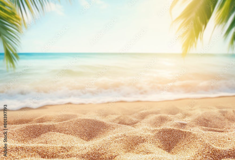 Beautiful defocused natural background for summer holidays and travel. Golden sand of a tropical beach, blurred palm leaves on a sunny day.