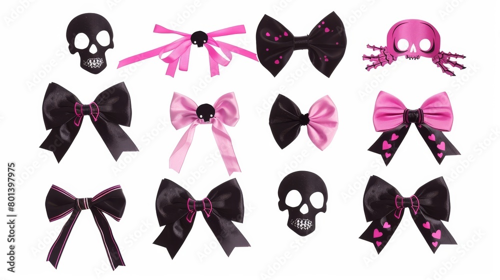 Emo pink bow with skull set. Y2k style. Goth subculture isolated on white background. Ai generative